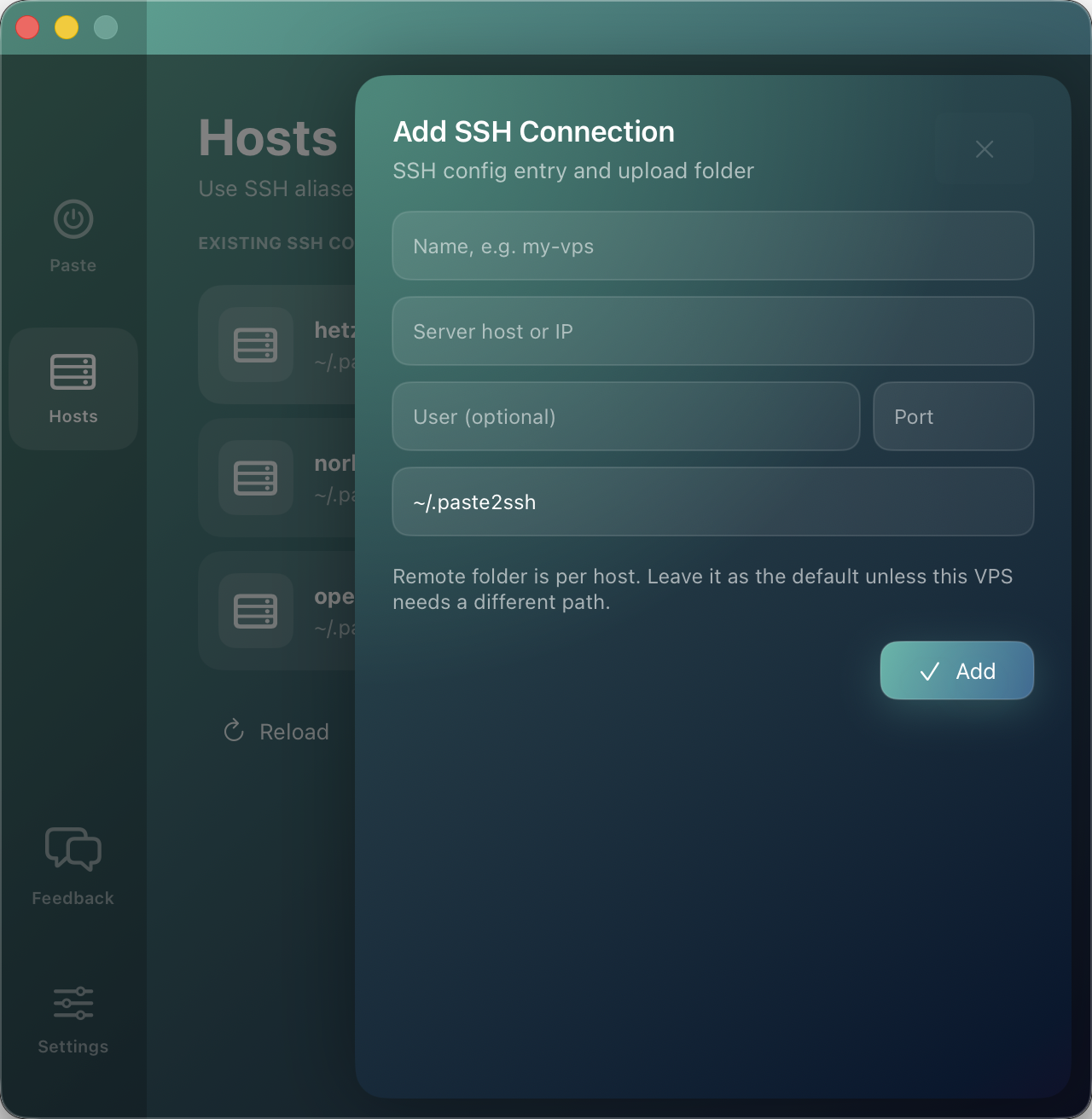 Add a remote form with name, server, user, port, and folder fields