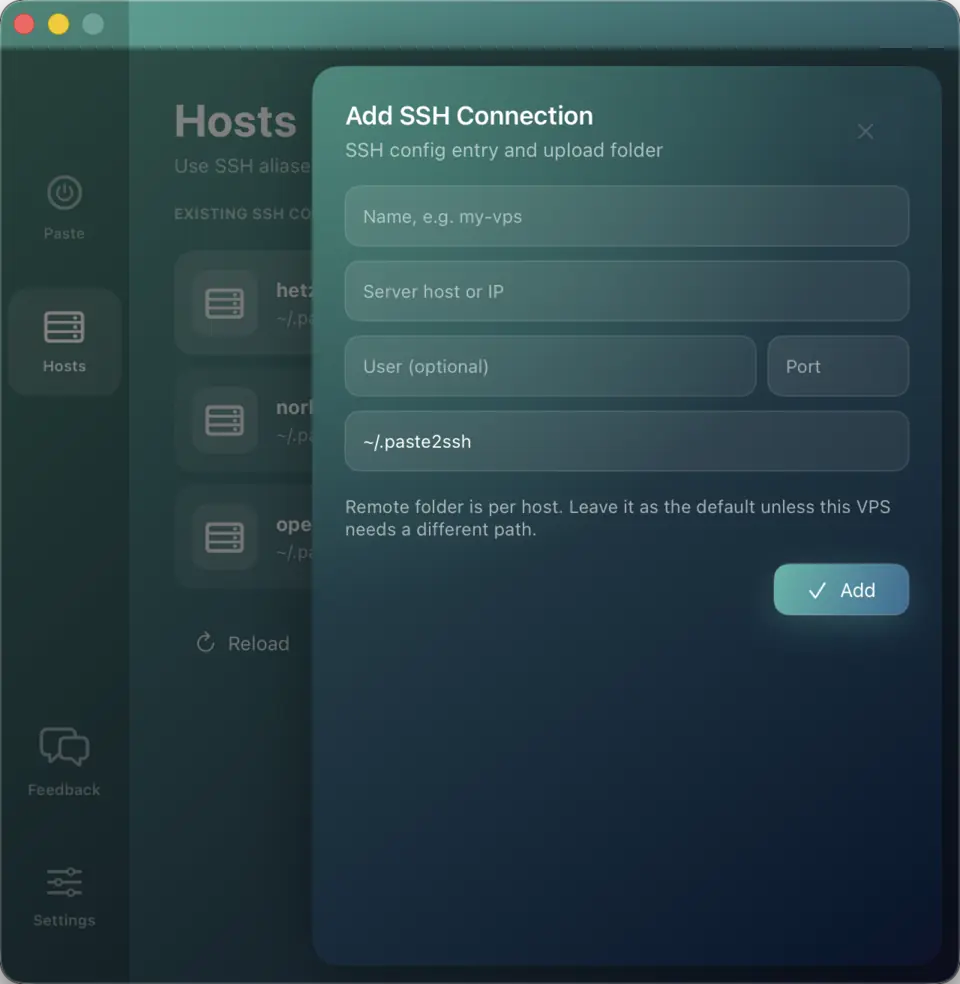 Add a remote form with name, server, user, port, and folder fields