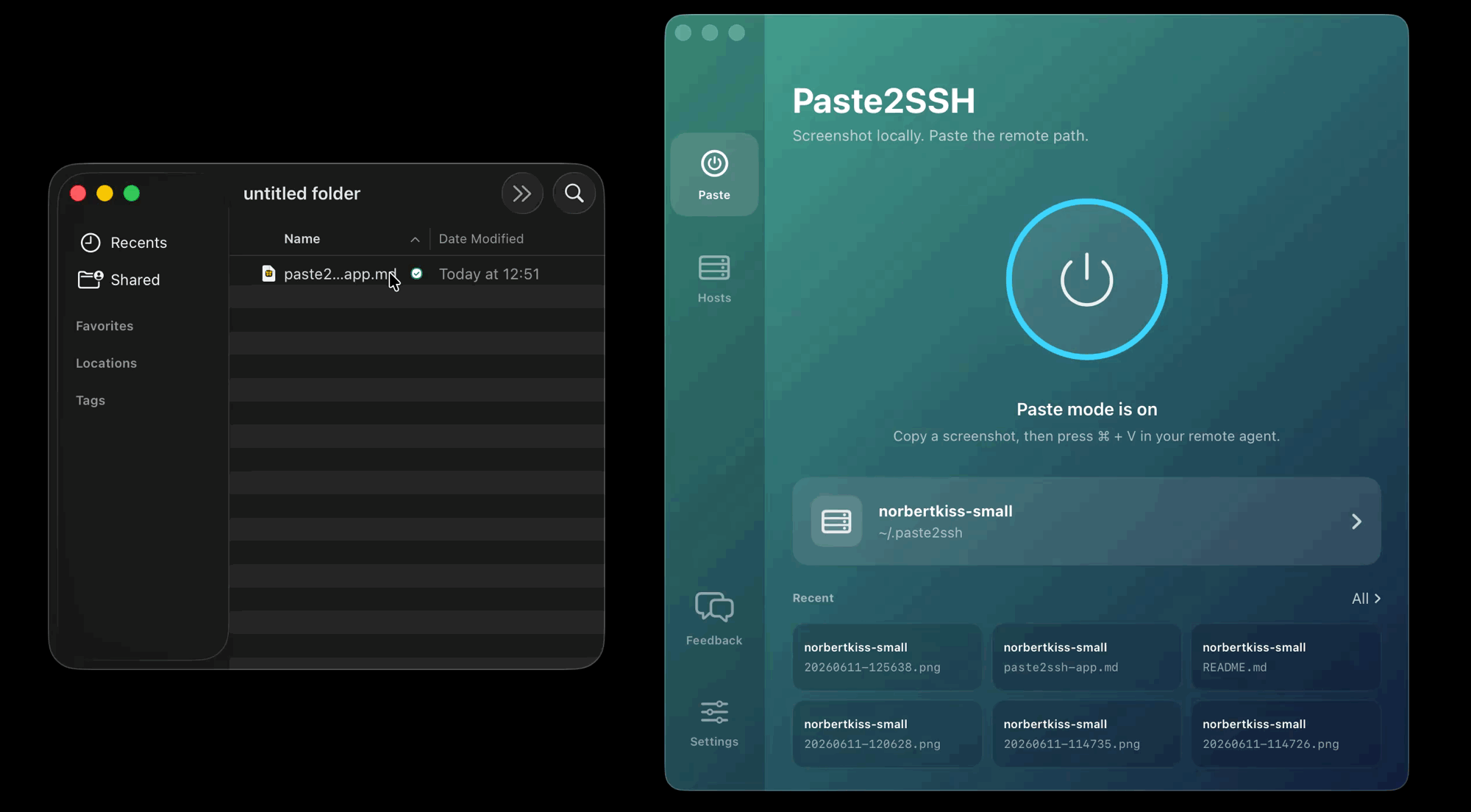 Dragging a document onto the Paste2SSH window; it uploads to the remote folder and copies the path