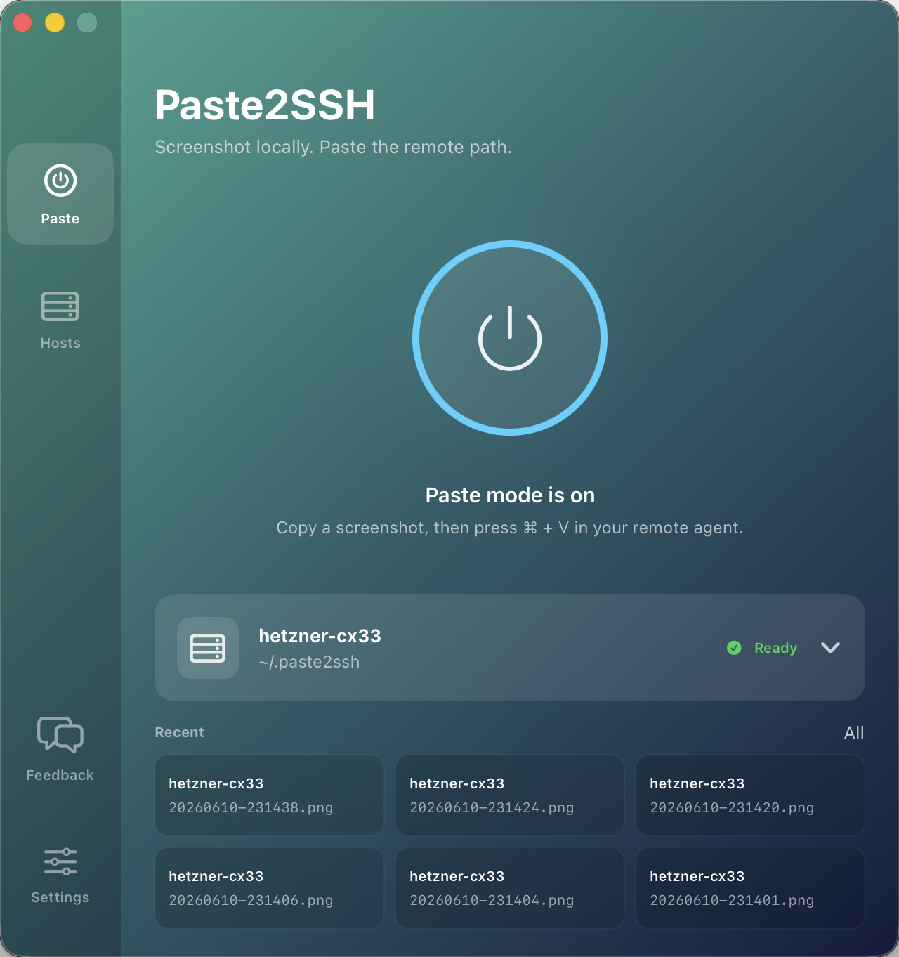 Paste2SSH with paste mode on, showing recent uploads to hetzner-cx23