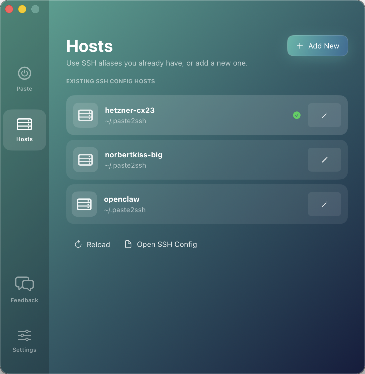 The Hosts tab listing three saved remotes