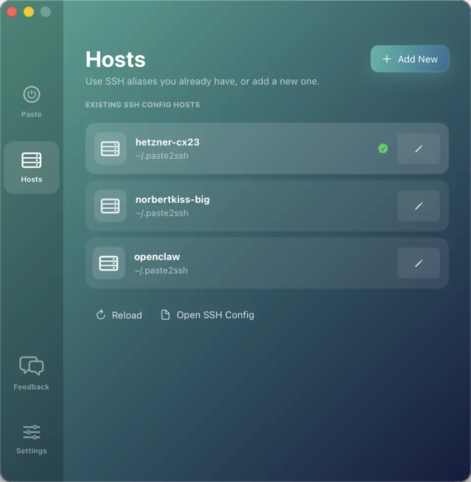 The Hosts tab listing three saved remotes