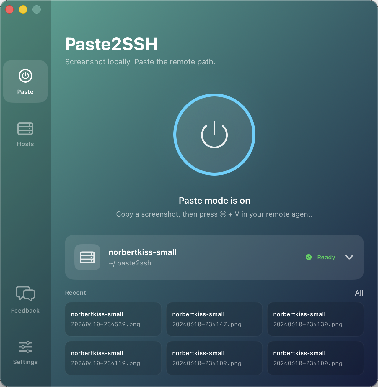 Paste2SSH with paste mode on, one big power button