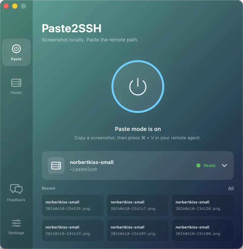 Paste2SSH with paste mode on, one big power button