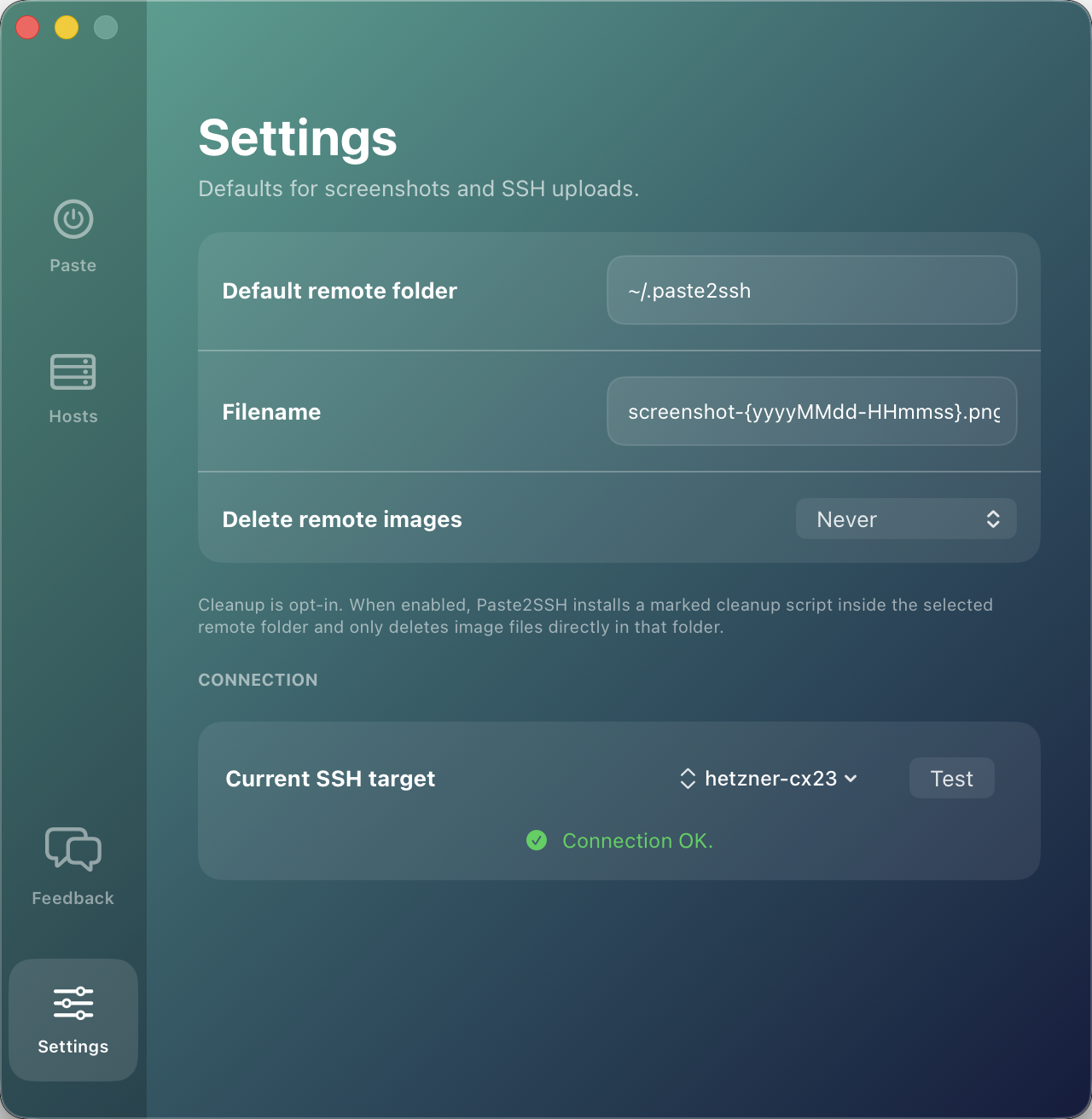 Settings page with folder, filename pattern, cleanup, and connection test
