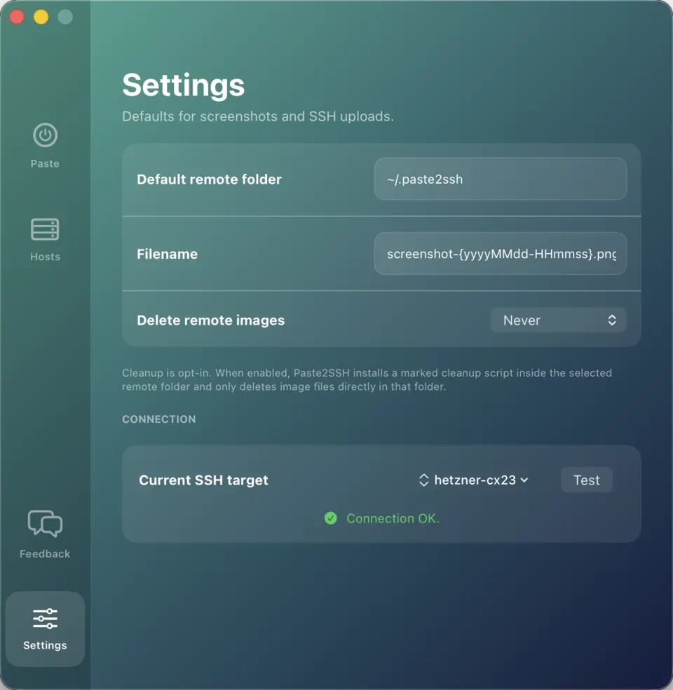 Settings page with folder, filename pattern, cleanup, and connection test