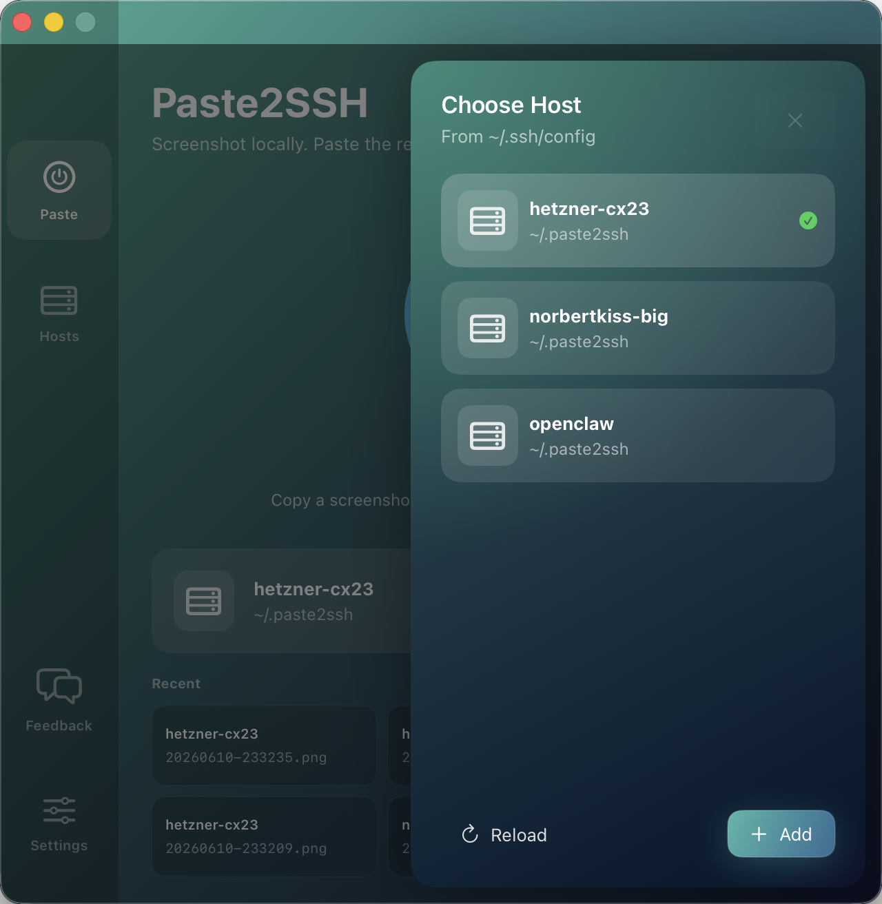 Host picker dropdown for switching the upload target
